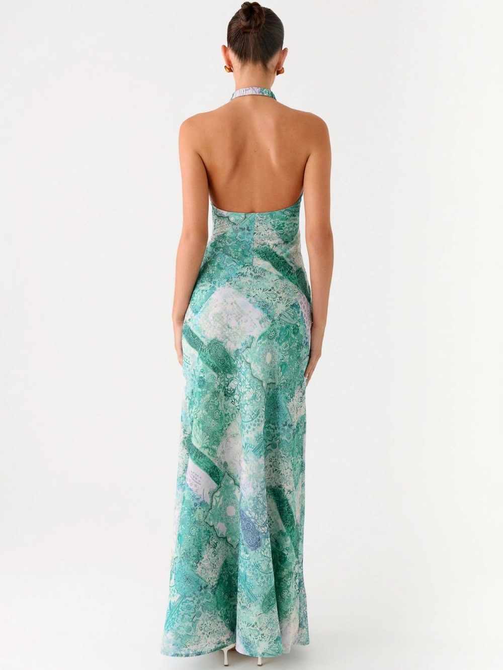 NWT Peppermayo Teal Green Paisley Patterned Halter Maxi Dress Open Back Size 4 - Picture 2 of 6